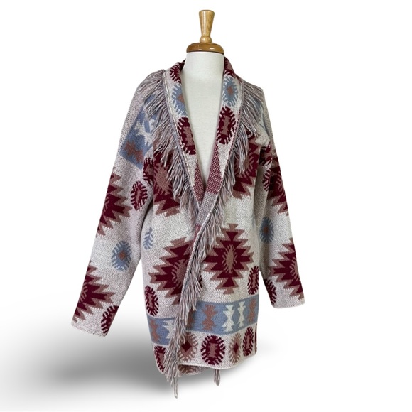 Vintage Southwest Sweater Coat with Shawl Collar & Fringe - Picture 6 of 7